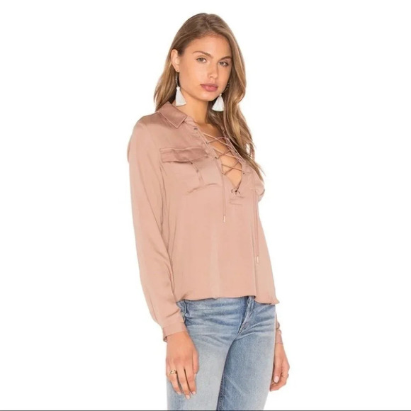 L'Academie Revolve Safari Blouse Camel Lace Up Tie Front Satin long sleeve XS - Picture 8 of 15